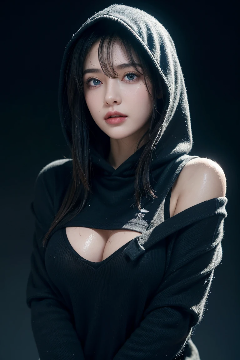 Ultra high resolution,Masterpiece,best quality, Perfect shiny skin, perfect light, lighting details, Stunning shadow, Ray tracing, 1 girl, black sweater, look at viewer, off shoulder, big breasts, The rift revealed, blue eyes, Sharp face, sharp eyes, long bangs, short hair, Village health worker, ((dark background)),  Oversized hoodie, wearing a black hoodie, Wearing an ugly black hood, wet (Sweating, soaking wet),