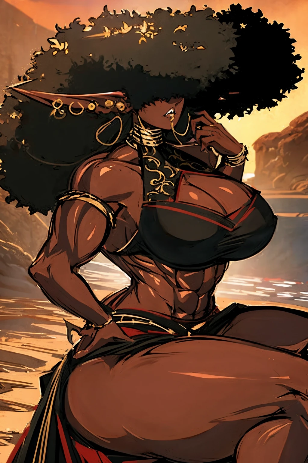 (masterpiece, best quality:1.2),1 girl, voluptuous body, full body, masterpiece, nt pose, good anatomy, no extra limbs, big ass, tk thighs, black hair, voluminous afro, pointy ears, gold earrings, black top with red details, black skirt with red details, gold necklaces. while hips huge ass hair ering eyes no eyes huge butt wide hi