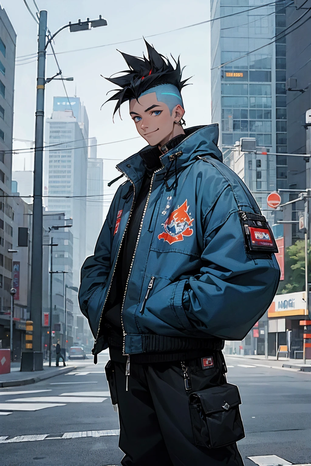 1male, faded mohawk, black hair, smiling, blue eyes, baggy jacket, baggy clothing, city background, detailed background, hands to side, standing on path