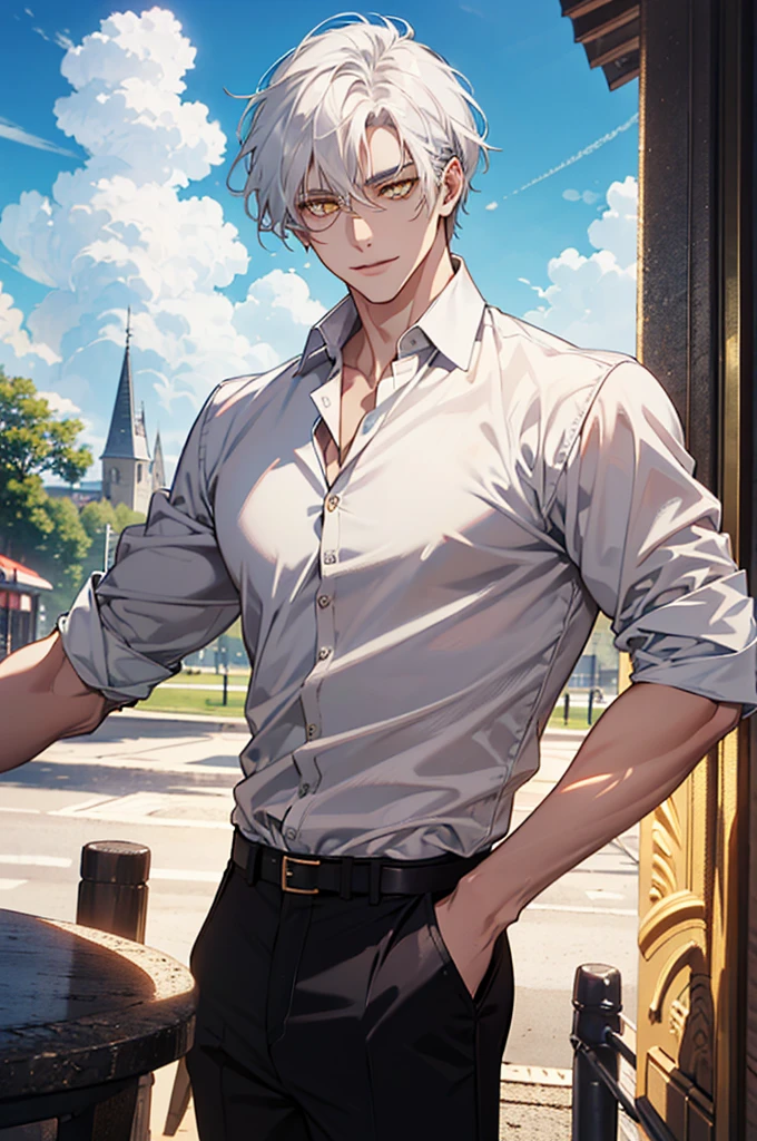 (absurdres, highres, ultra detailed), 1man, 30 years old man, adult man, handsome, tall,, ((finely detailed eyes and detailed face)), leather pants, (((white shirt))), smile, dutch angle, ((Semi Short, White hair)), gold details, gothic, vampire, vampire prince, dark, looking at the view, pale skin, detailed eyes, (masculine), sexy, elegant, (((Golden eyes))), ((Golden Eyelashes)), high quality eyes, well built body, sunny, sun, bright sky, proper hands, male