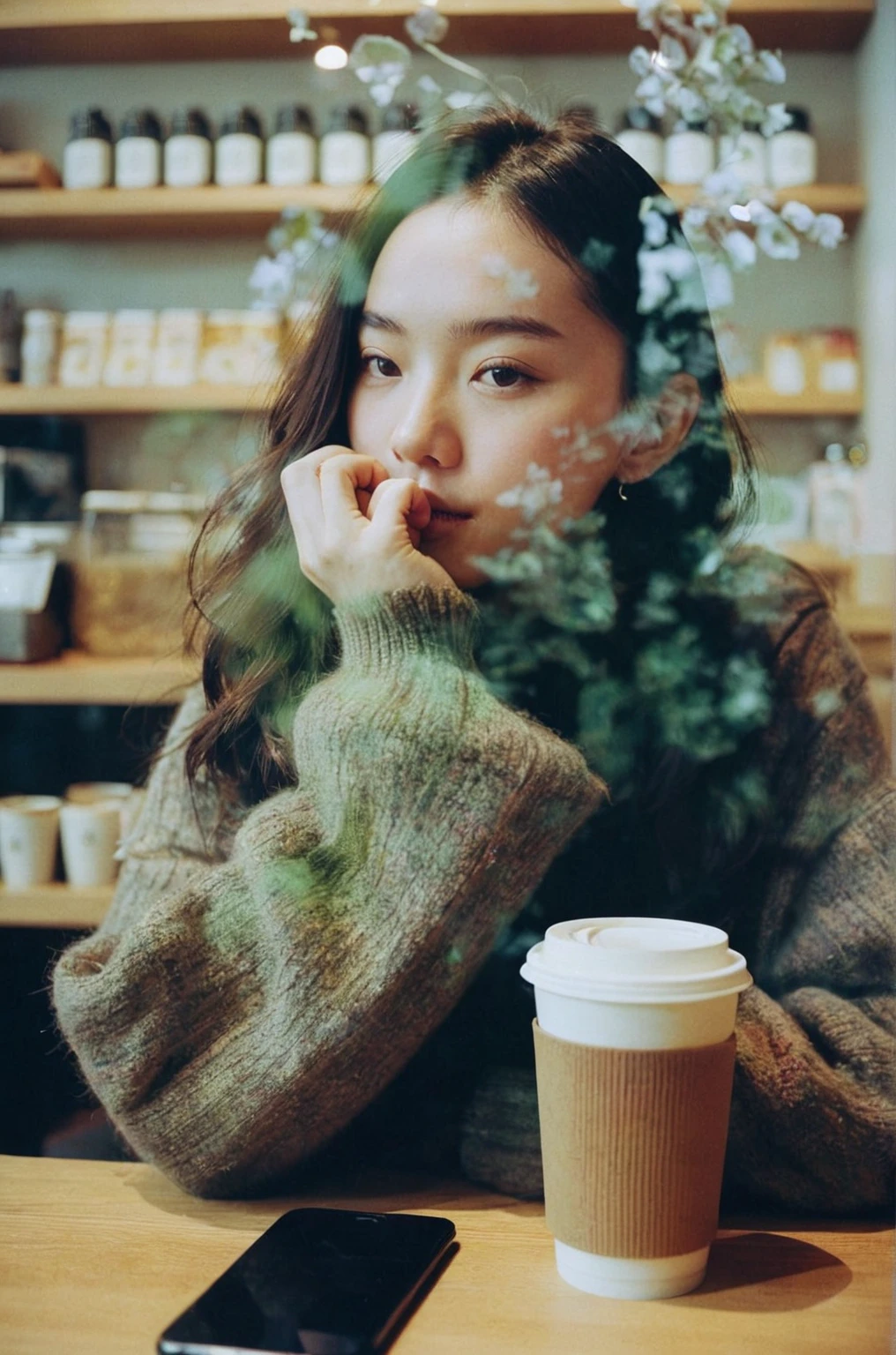 a double exposure photo of MagMix Girl, in muji cafe, analog film photo, Kodachrome.