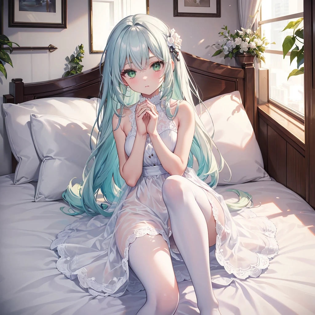 ((Tabletop+highest quality+High resolution+Fig.1.3+Ultra 8K)), One Girl, ((detailed body)) ((Attractive face)) ((Long Nose)) ((Long face structure)) (Sharp eyes) ((Green Eyes)) ,Soft Skin, indoor, Lying in bed, View Viewer, detailed body, Long white hair, detailed eyes, ((detailedな影)), Lighting, detailed, concentrated, Hand Detail Night Light,Beautiful and perfect legs, Clean and perfect hands (Place your hands between your legs), Sleep Dress, (Translucent white stockings)