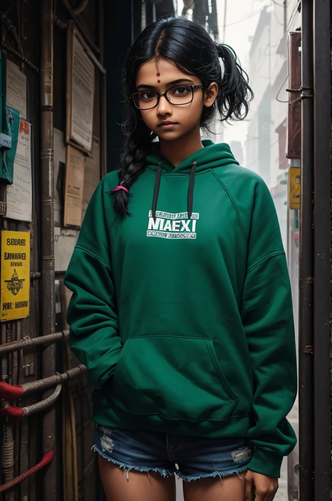 Young indian woman, skinny woman, 14 years old, Thick-framed glasses, bindi, hacker girl, the Matrix style, cyberpunk, sweatshirt