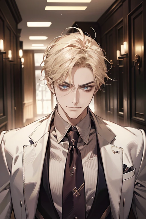 (tmasterpiece, high resolution, ultra - detailed:1.0), (1 boy, Young male, masculine face), Perfect male body, tall and strong, Adult male, Delicate eyes and delicate face, Extremely detailed CG, Unity 8k wallpaper, Complicated details, Detailed face, (blond hair, messy hair, serious faces, white shirts,Bad students), (frown,evil smile:1.3), stad in school corridor, street style, color difference, Depth of field, dramatic shadow, Ray tracing, Best quality, Cinematic lighting, offcial art,Portrait