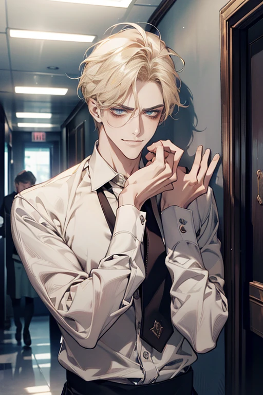 (tmasterpiece, high resolution, ultra - detailed:1.0), (1 boy, Young male, masculine face), Perfect male body, tall and strong, Adult male, Delicate eyes and delicate face, Extremely detailed CG, Unity 8k wallpaper, Complicated details, Detailed face, (blond hair, messy hair, serious faces, white shirts,Bad students), (frown,evil smile:1.3), stad in school corridor, street style, color difference, Depth of field, dramatic shadow, Ray tracing, Best quality, Cinematic lighting, offcial art,Portrait