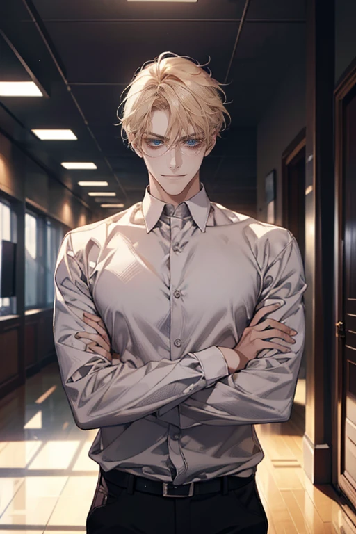 (tmasterpiece, high resolution, ultra - detailed:1.0), (1 boy, Young male, masculine face), Perfect male body, tall and strong, Adult male, Delicate eyes and delicate face, Extremely detailed CG, Unity 8k wallpaper, Complicated details, Detailed face, (blond hair, messy hair, serious faces, white shirts,Bad students), (frown,evil smile:1.3), stad in school corridor, street style, color difference, Depth of field, dramatic shadow, Ray tracing, Best quality, Cinematic lighting, offcial art,Portrait