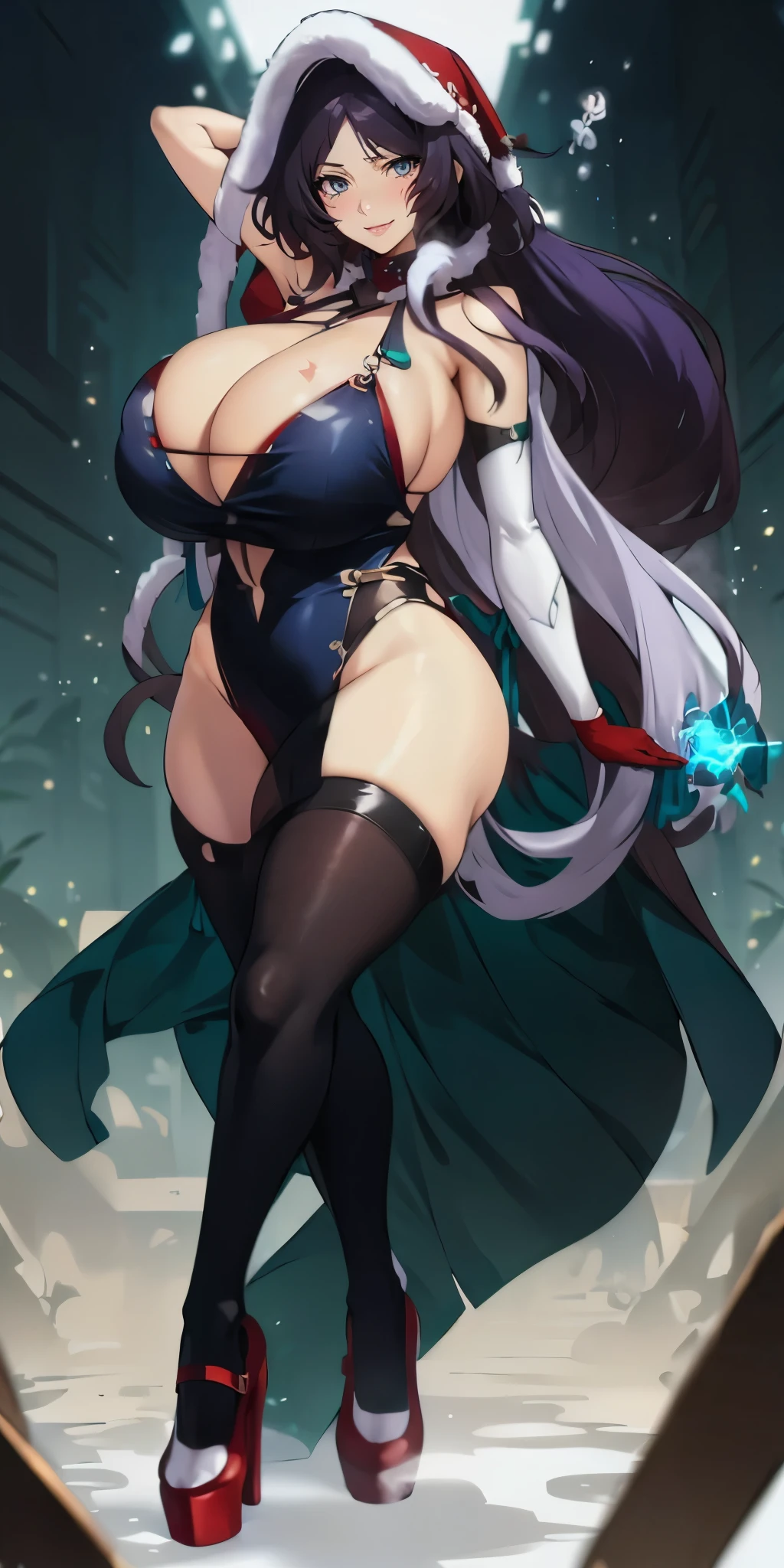 MC, ahoge, (long hari, purple hair:1.3), hair ornament, dark-blue eyes, anatomically correct, heavy breathing, female, gloves, thighhighs, elbow_gloves, white_legwear, 1girl, cleavahs, hood, swimsuit, indoors, elegant, table, reflective floor, spotlight, bokeh, red_footwear, blush, christmas, smile, bikini, looking_at_viewer, red_gloves, character_doll, fur_trim, striped, thick_thighs, sack, ribbon, bare_shoulders, hollow eyes, bright pupils, dark-blue eyes, looking at viewer. glowing eyes heavy breathing, seductive smile, (steaming face:1.3), blush face, lips,