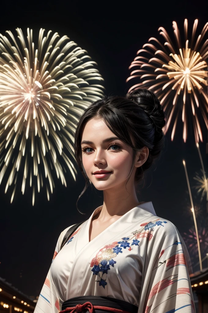 masterpiece, best quality, extremely detailed, hyperrealistic:1.1, photorealistic, a beautiful 20s russian model, ultra detailed face:1.1, white japanese yukata, black kimono cardigan, half updo, black hair, fireworks festival, detailed fireworks:1.1, fireworks burst in a multitude of vibrant hues, each explosion is intricately detailed with sparks and captivating rails, the night sky is clear and the stars twinkle in the background, medium shot, smiling