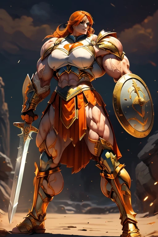 (((Massive, tall, beautiful, buff, muscular pale white skinned female spartan with orange hair, ginormous bulky muscles, holding a sword and shield and wearing an all orange gleaming spartan armor and pleated skirt))), (close view), black eyeliner, massive muscles, massive biceps, hyper muscle triceps, (long shaggy hair), green eyes, spartan boots, In a startan city, steel spartan armor, armor breastplate, nighttime, confident smile, (hyper muscles arms), hyper muscle legs, (ginormous arms)