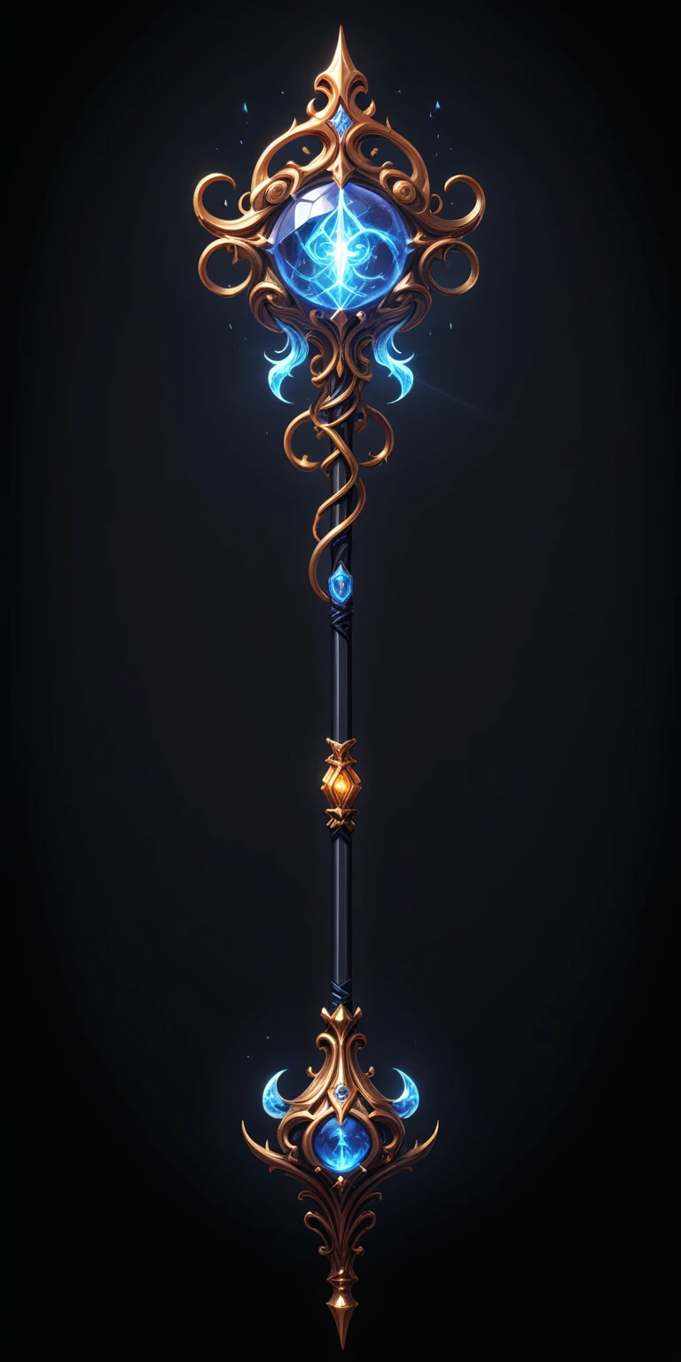 pixel art, cartoon illustration, Divine glavie greatstaff, Powerfull Magical theme, simple black background, RPG game icon 