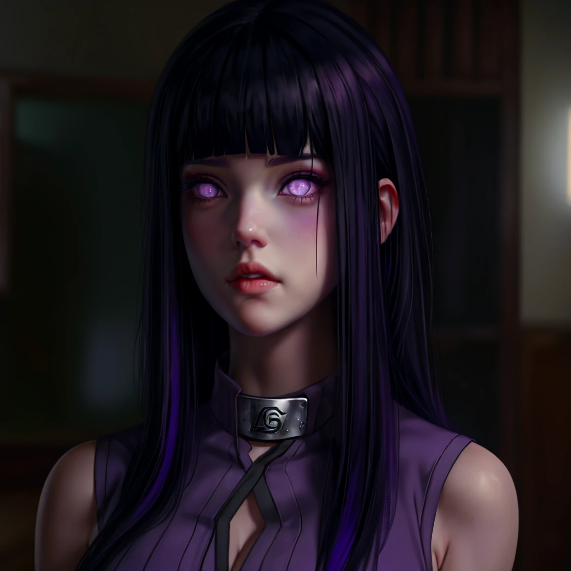 1girl, adult, Hinata Hyuga, the last, shy girl, long black hair, blunt bangs, dark hair, Voluminous hair, lavender eyes, no pupils, Lavender Sleeveless Blouse, big breasts, slim waist, masterpiece, best quality, Professional, realistic.