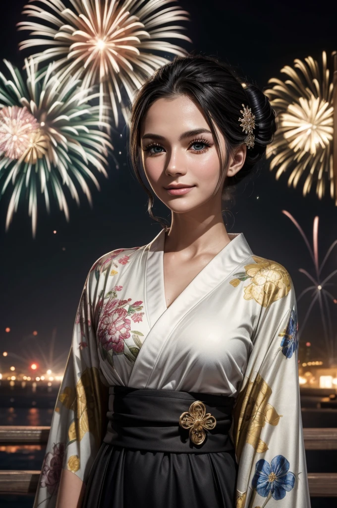 masterpiece, best quality, extremely detailed, hyperrealistic:1.1, photorealistic, a beautiful 20s russian model, ultra detailed face:1.1, white japanese yukata, black kimono cardigan, half updo, black hair, fireworks festival, detailed fireworks:1.1, fireworks burst in a multitude of vibrant hues, each explosion is intricately detailed with sparks and captivating rails, the night sky is clear and the stars twinkle in the background, medium shot, smiling