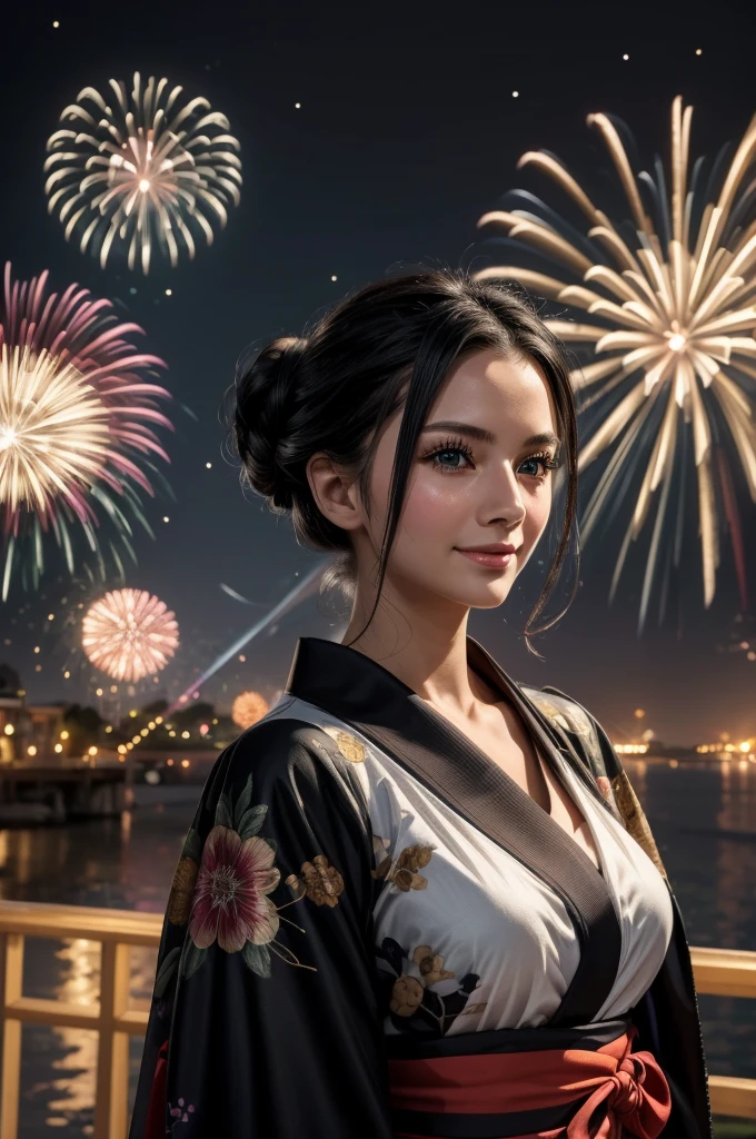 masterpiece, best quality, extremely detailed, hyperrealistic:1.1, photorealistic, a beautiful 20s russian model, ultra detailed face:1.1, white japanese yukata, black kimono cardigan, half updo, black hair, fireworks festival, detailed fireworks:1.1, fireworks burst in a multitude of vibrant hues, each explosion is intricately detailed with sparks and captivating rails, the night sky is clear and the stars twinkle in the background, medium shot, smiling