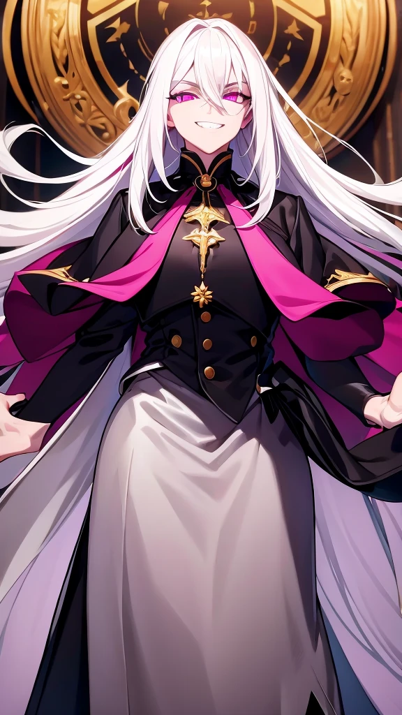 long white hair, black shirt, golden necklace, white coat, golden rimming on coat, long white hair, highres, high resolution, masterpiece, wide dark pink eyes, masterpiece, best quality, highres, 1 man, looking at camera, looking forward, straight hair, white hair, full body, colorful parts, symbols, dark, full body, imposing pose, stylish outfit, dark theme, sharp chin, wide jaw, sharp jawline, highres, high resolution, masterpiece, lucious long white hair, dark pink eyes, detailed eyes, dark pink earrings, grin, massive grin, biggest grin, huge grin, teeth showing grin, wide eyes, massive eyes, showing eyes