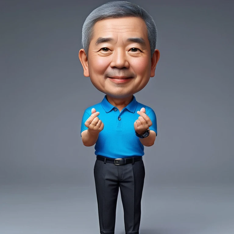 Real realistic 4D caricature photo, big head, full body, old man with Asian face, 60 years old, clean face, round face, gray buzzcut hair, slightly chubby body, wearing blue bright  polo shirt, formal black trousers, formal black shoes, standing pose while facing the front and his hands are raised to the front while showing a gesture l 🤞atau love, gray background 