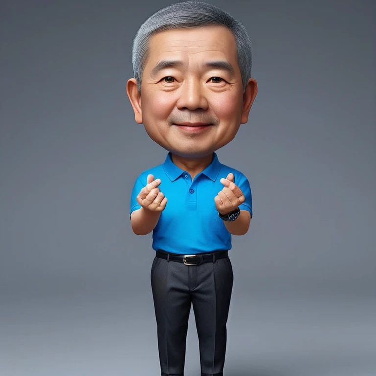 Real realistic 4D caricature photo, big head, full body, old man with Asian face, 60 years old, clean face, round face, gray buzzcut hair, slightly chubby body, wearing blue bright polo shirt, formal black trousers, formal black shoes, standing pose while facing the front and his hands are raised to the front while showing a gesture l 🤞atau love, gray background
