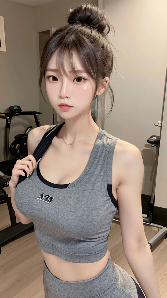 8k,wearing sports clothes, currently exercising, Korean descent, slim and thin body, hair in a messy bun, in the exercise room