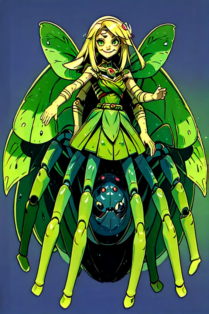 ((Masterpiece)), (((Top quality))), ((Ultra definition)), ((High quality face and limbs)), ((Arachne)), 1girl, sweet, kind, alone, young, soft, pure, semi human, monster musume, half spider body, spider legs, spider with big long legs and long arms, scary, bright blonde hair, very yellow hair, green skin, green clothes, dress of spiderwebs, green innocent eyes, flat chest, smiling with delight, arachnid style, main character, boss style, hades style, hadesstyle, hades2style, hades 2 style, Arachnea, silk weaver, Tartarus background, background with spider patterns, dragonfly background, dragonfly wings, moth antenas on head