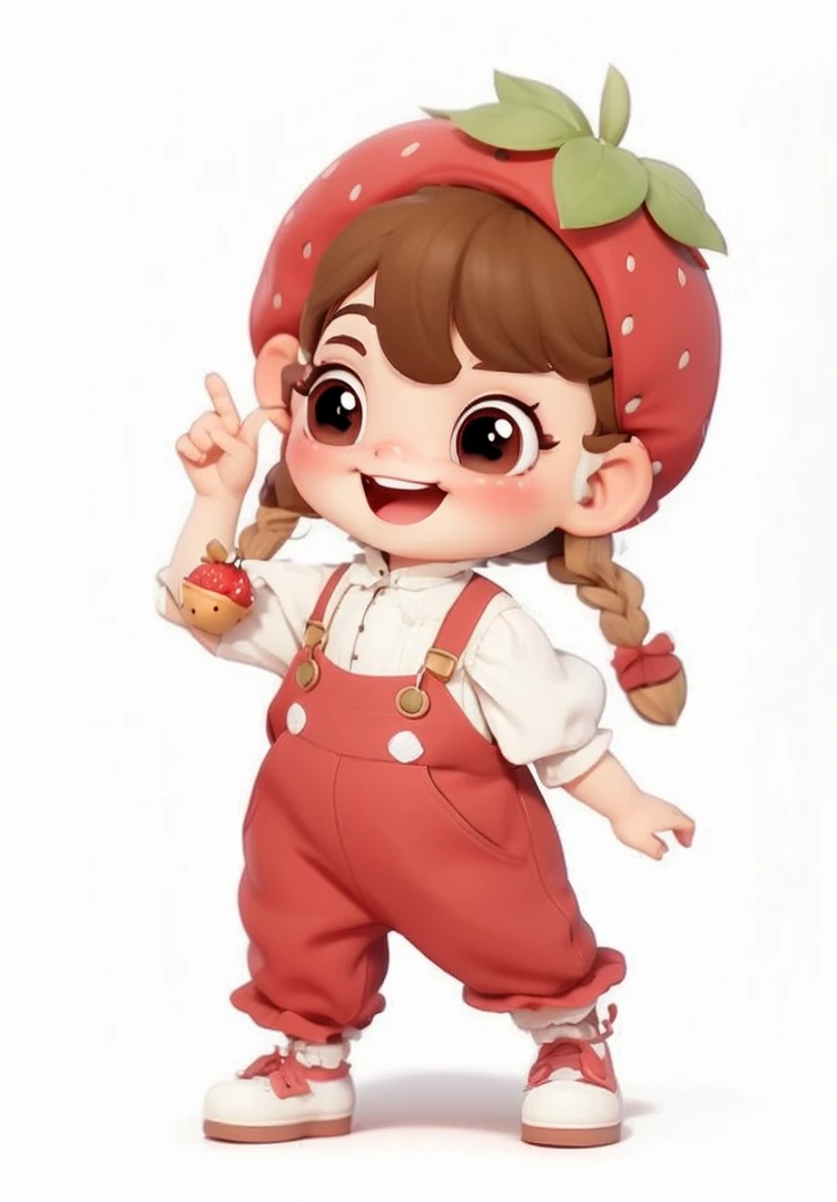 whole body、《Q version girl》、Reflecting the image of strawberries in clothing、Strawberry Big Hat、There is a dot on the strawberry hat、Strawberry accessories、Green leaves、happy、cute shoes、Scissorhands pose、(dwarf:1.2)、Brown eyes、Long eyelashes、big eyes、braid、big ear,Red suspenders、Blind Box Toys、Pixar style、give him a smile、Put a sweet smile on his face、3D Rendering、