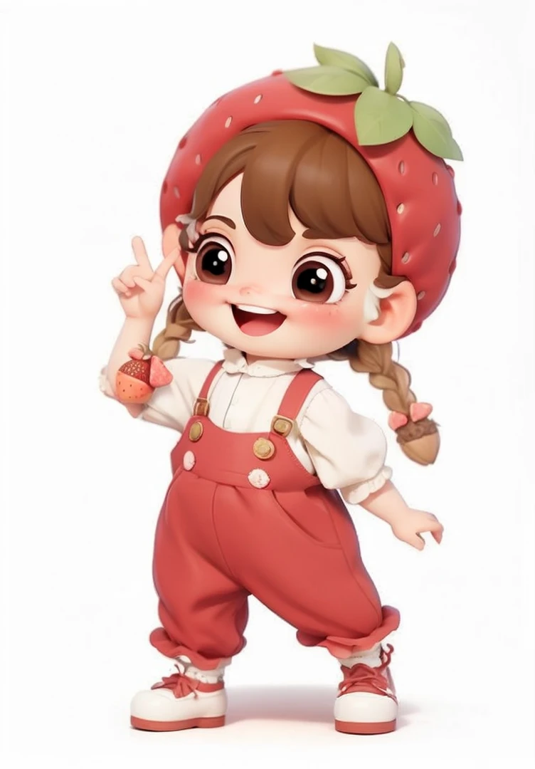whole body、《Q version girl》、Reflecting the image of strawberries in clothing、Strawberry Big Hat、There is a dot on the strawberry hat、Strawberry accessories、Green leaves、happy、cute shoes、Scissorhands pose、(dwarf:1.2)、Brown eyes、Long eyelashes、big eyes、braid、big ear,Red suspenders、Blind Box Toys、Pixar style、give him a smile、Put a sweet smile on his face、3D Rendering、