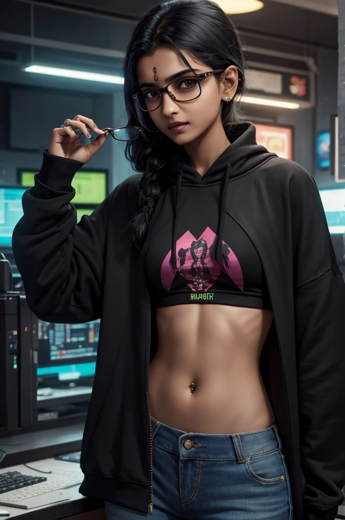 Young indian woman, skinny woman, 14 years old, Thick-framed glasses, bindi, hacker girl, the Matrix style, cyberpunk, sweatshirt, vampire fangs