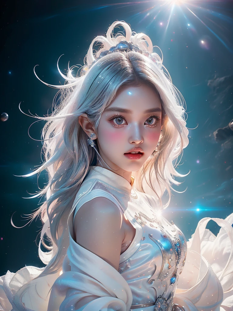 4K Ultra HD, masterpiece, A girl with a magical aura, Nice face, Long Hair, Shiny Hair, Fine grain, Glossy lips, Nude 1.5, Aura around the body, Magical Effects, Spreading white light, Cosmic elements and ethereal atmosphere, A mix of bright lights and colorful nebulae, Space Background,, Full Body Capture.(((Whitening 1.5)))、Silver Hair、(((Wearing white cloth 1.5)))、Hair and fabric fluttering in the wind、、Full Body Shot、Open your mouth、(((1.5)))、