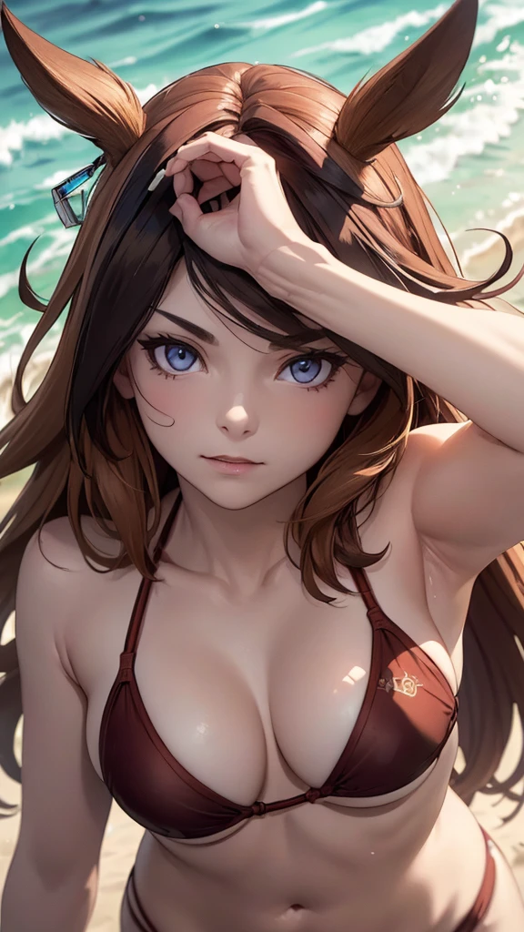 (((masterpiece))),(((High resolution)))、(((perfect face)))、(((Symboli Rudolf))), ((bikini)), look at the camera, ((top quality eyes)), ((high resolution face)), detailed face, (detailed texture)