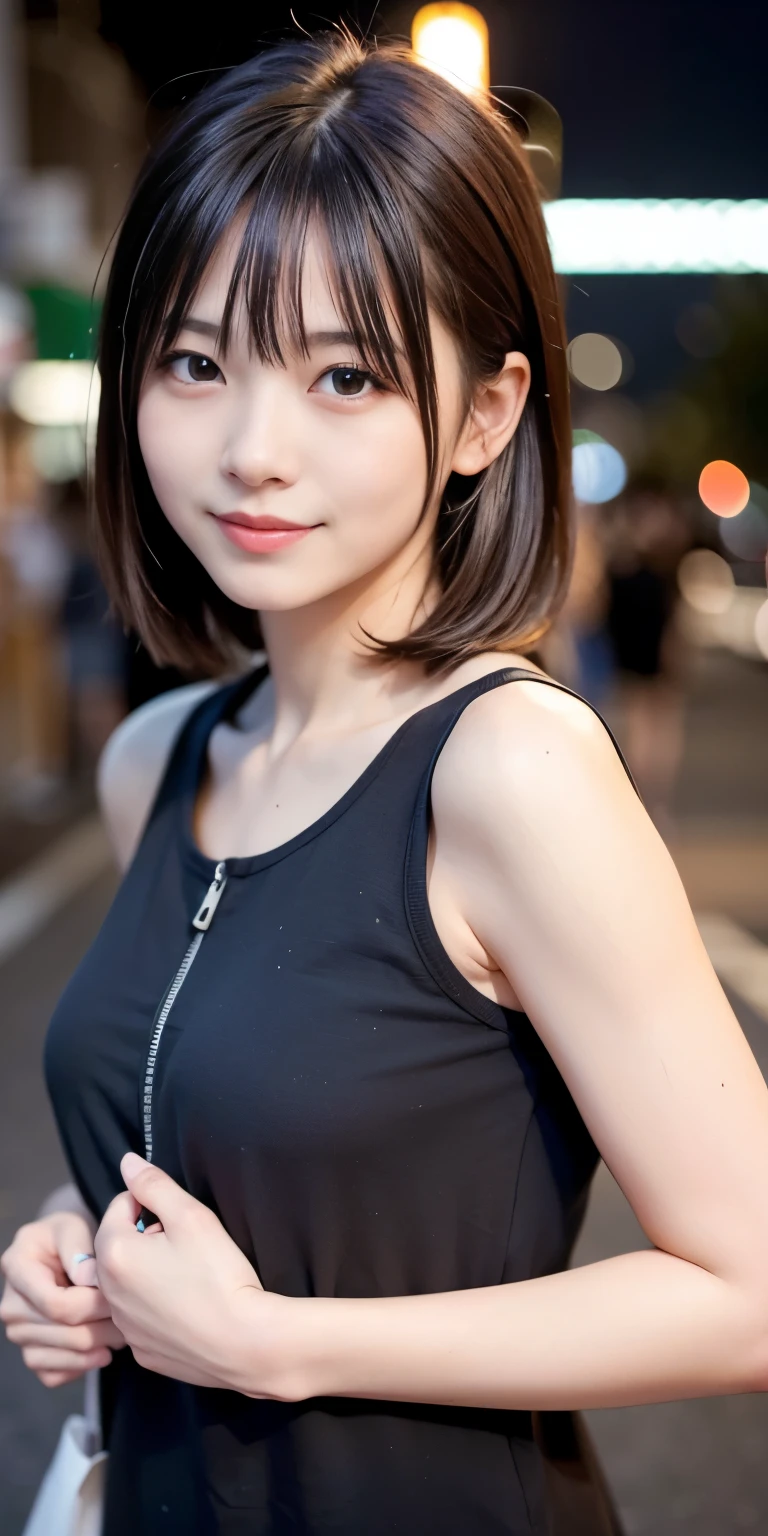 1 Girl, Tokyo Street,night, Streetscape,City lights,Upper Body,close,smile,, (8K, Raw photo, highest quality, masterpiece:1.2),(Realistic, photo-Realistic:1.37),