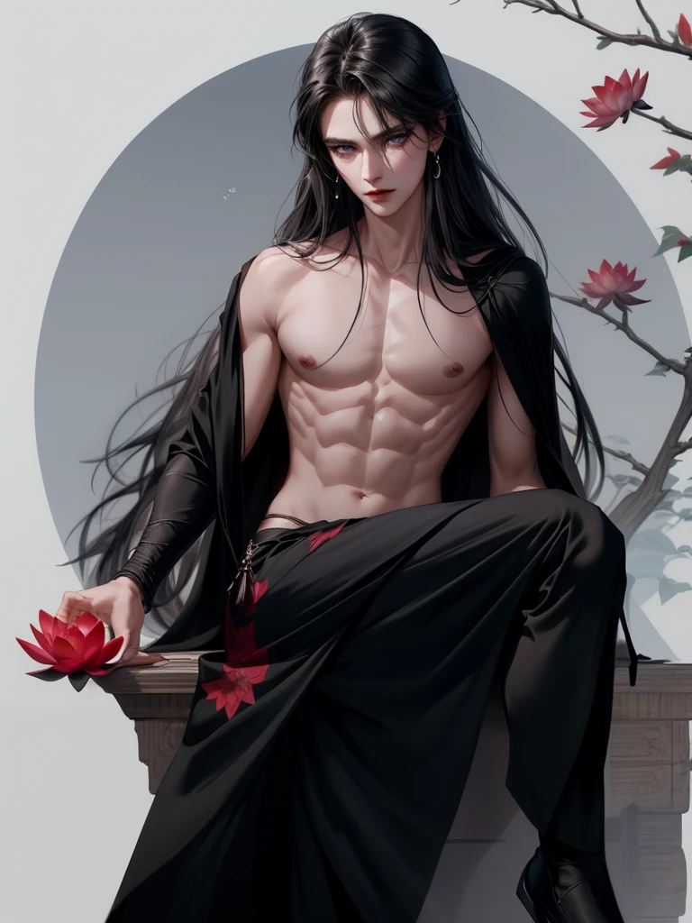 Yue Tian, a young boy born with a curse. Born amidst the forbidden forest A land shrouded in secrets and danger. His body was like a deadly lotus. Beautiful but hidden with a poisonous face:
Oval shape, slender and pointed, white skin as pale as snow. pitch black eyes Full of hidden power Thin lips, ruddy red, long flowing hair, jet black, flawless body.:
Tall, slender, proportionate, firm muscles. The skin is smooth, without blemishes, the movements are agile and fast, the eyes are hidden with intelligence, the posture:
Cold, reserved, doesn't talk much, radiates danger. The air around him was filled with power. clothing:
Simple black dress, bright red shawl. black leather shoes Decorated with silver jewelry, scent:
Smells cool, like wild flowers. Hidden with the stench of blood, including:
red lotus tattoo Left chest area Eyes are bloodshot when angry. Special power: controls plants and flowers.