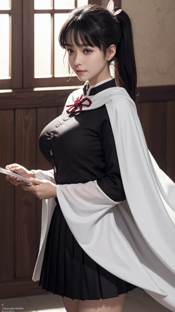 Top quality, 8k, 32k, Masterpiece, photorealistic, realistic, (photorealistic:1,4), solo, slight smile, dramatic lighting, professional makeup, breasts, (natural big breasts: 1.3), (seductive), beautiful white face shining, beautiful face, pink cheeks, beautiful lips, porcelain skin, detail intricate, super detailed, super high, highest detailed, high detailed, delicate, incredible detailed, fine detailed, cinematic lighting, top quality, smooth and beautiful, CG, unity, 8k wallpaper, Stunning, fine detail, unity CG wallpaper 8k ultra-detailed, large file size, ultra-detailed, high resolution, incredible detail, stunning detail, depth of field, kanaotsuyuri, kanao tsuyuri, black hair, butterfly, butterfly hair ornament, (purple eyes:1.1), side ponytail, ponytail, 
BREAK black skirt, cape, demon slayer uniform, long sleeves, pleated skirt, skirt, white cape,
BREAK looking at viewer, directly