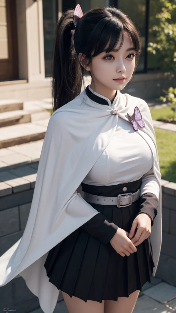 Top quality, 8k, 32k, Masterpiece, photorealistic, realistic, (photorealistic:1,4), solo, slight smile, dramatic lighting, professional makeup, breasts, (natural big breasts: 1.3), (seductive), beautiful white face shining, beautiful face, pink cheeks, beautiful lips, porcelain skin, detail intricate, super detailed, super high, highest detailed, high detailed, delicate, incredible detailed, fine detailed, cinematic lighting, top quality, smooth and beautiful, CG, unity, 8k wallpaper, Stunning, fine detail, unity CG wallpaper 8k ultra-detailed, large file size, ultra-detailed, high resolution, incredible detail, stunning detail, depth of field, kanaotsuyuri, kanao tsuyuri, black hair, butterfly, butterfly hair ornament, (purple eyes:1.1), side ponytail, ponytail,
BREAK black skirt, cape, demon slayer uniform, long sleeves, pleated skirt, skirt, white cape,
BREAK looking at viewer, directly