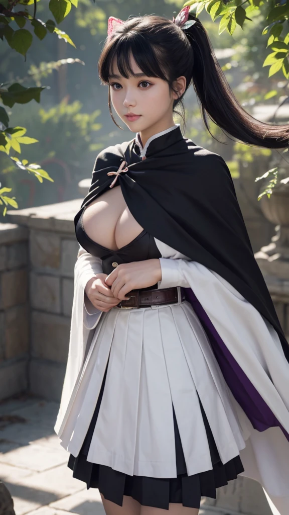 Top quality, 8k, 32k, Masterpiece, photorealistic, realistic, (photorealistic:1,4), solo, slight smile, dramatic lighting, professional makeup, breasts, (natural big breasts: 1.3), (seductive), beautiful white face shining, beautiful face, pink cheeks, beautiful lips, porcelain skin, detail intricate, super detailed, super high, highest detailed, high detailed, delicate, incredible detailed, fine detailed, cinematic lighting, top quality, smooth and beautiful, CG, unity, 8k wallpaper, Stunning, fine detail, unity CG wallpaper 8k ultra-detailed, large file size, ultra-detailed, high resolution, incredible detail, stunning detail, depth of field, kanaotsuyuri, kanao tsuyuri, black hair, butterfly, butterfly hair ornament, (purple eyes:1.1), side ponytail, ponytail,
BREAK black skirt, cape, demon slayer uniform, long sleeves, pleated skirt, skirt, white cape,
BREAK looking at viewer, directly