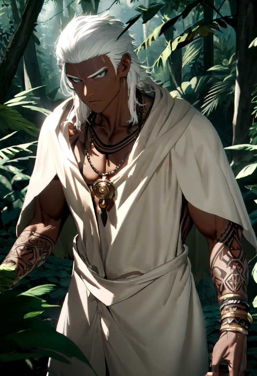 1 boy,tall and strong,perfect male figure, eyes looking at camera.(Amazonian indigenous male, dark skin, Original tattoo),long white hair, (Skins Cloak，hairy，Skinandage wrist guardeather necklace,serious expression, standing in forest,Rainforest,Ray tracing