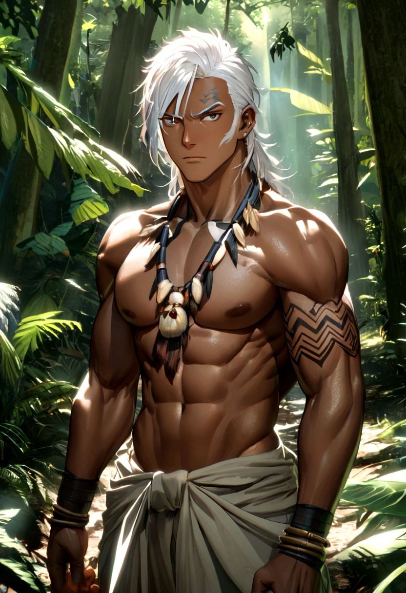 1 boy,tall and strong,perfect male figure, eyes looking at camera.(Amazonian indigenous male, dark skin, Original tattoo),long white hair, (Skins Cloak,hairy,Skinandage wrist guardeather necklace,serious expression, standing in forest,Rainforest,Ray tracing
