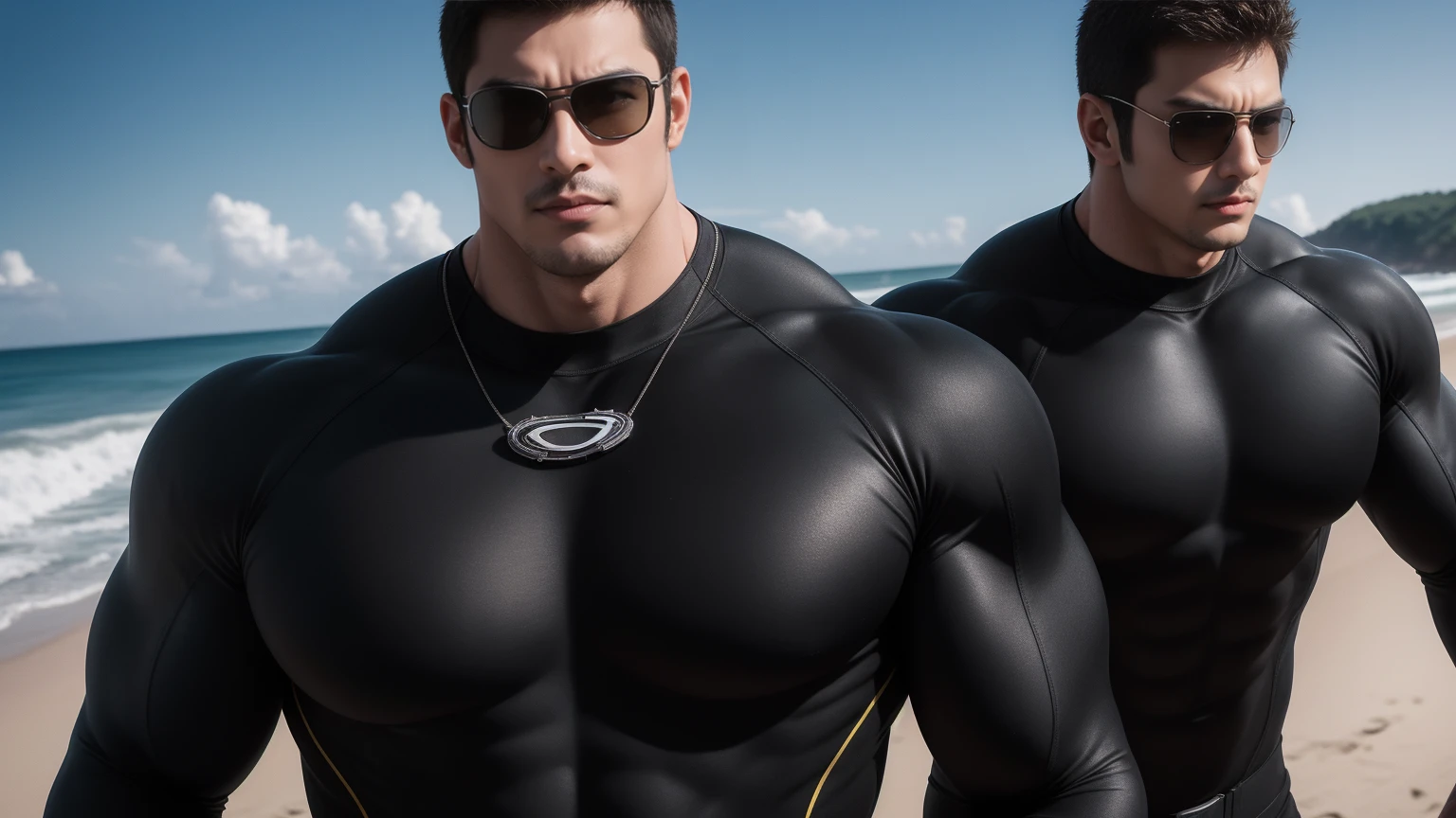Super muscular man hugging, They wear sunglasses,Deep gaze kiss,They embrace affectionately,short hair,Beach under the scorching sun, Wear a high-necked, long-sleeved wetsuit, Shark skin texture,Matte texture,There are water drops on the body,Beach by the sea,beautiful landscape,The expression is arrogant, Thick thighs, messy hair, Thick thighs, High-necked long-sleeved dark yellow high-necked tights, very tight, Regular symmetrical pattern, Highlight muscles, Police uniform pants, character concept(Resident Evil - chris redfield, chris redfield)A proud expression, Deep and charming eyes, Valiant male pose, tall Burly, muscular!muscular thighs, Tough Guy, Perfect facial features, High, Burly, Heqiang, Super exquisite and cool, High Resolution Committee, Attractive, The sun is blazing, Dazzling