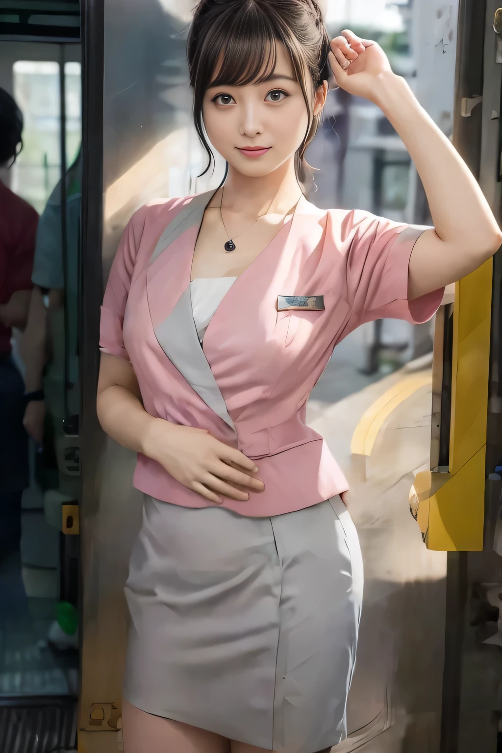 (masterpiece:1.2, highest quality:1.2), 32K HDR, High resolution, (alone、1 girl)、 (Height: 160cm)、(On the rooftop of a building in the daytime、Professional Lighting)、Building rooftop background、(Nankai train crew uniform pinkを着たリアルスタイル)、(Nankai train crew uniform pink short sleeve collarless pink jacket、Nankai Train Crew Uniform Pink Collarless Short Sleeve Blouse、Nankai Train Crew Uniform Pink Grey Knee-length Culottes)、Dark brown hair、(Hair tied up、Hair tied up、Evening curly hairstyle)、Dark brown hair、Long Shot、Big Breasts、Thin legs、((Great hands:2.0)),((Harmonious body proportions:1.5)),((Normal limbs:2.0)),((Normal finger:2.0)),((Delicate eyes:2.0)),((Normal eyes:2.0)))、smile、(Nankai Train Crew Uniform Pink Grey Knee-length Culottesを見せた美しい歩く姿)、Place your hands around your stomach、Lanyard employee ID card