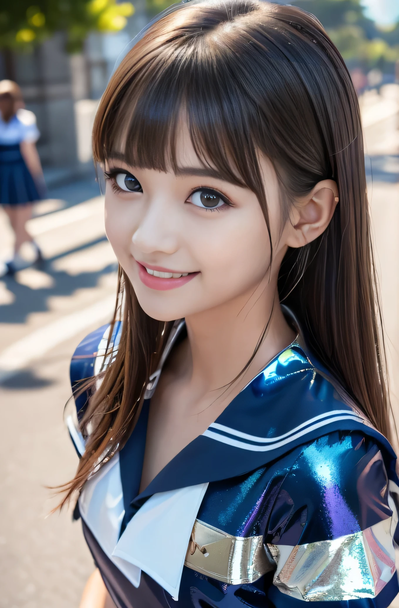 Very beautiful cute girl) (very cute face:1.2),(*********),(sparking clear attractive large eyes:1.2), Beautiful detailed eyes, Detailed double eyelids, smiling, (realistic photograph:1.1), in the street,
(super shiny metallic blue and white sailor high school uniform:1.5),(super shiny metallic blue pleated skirt :1.1),
(brown hair:1.2),professional portrait 