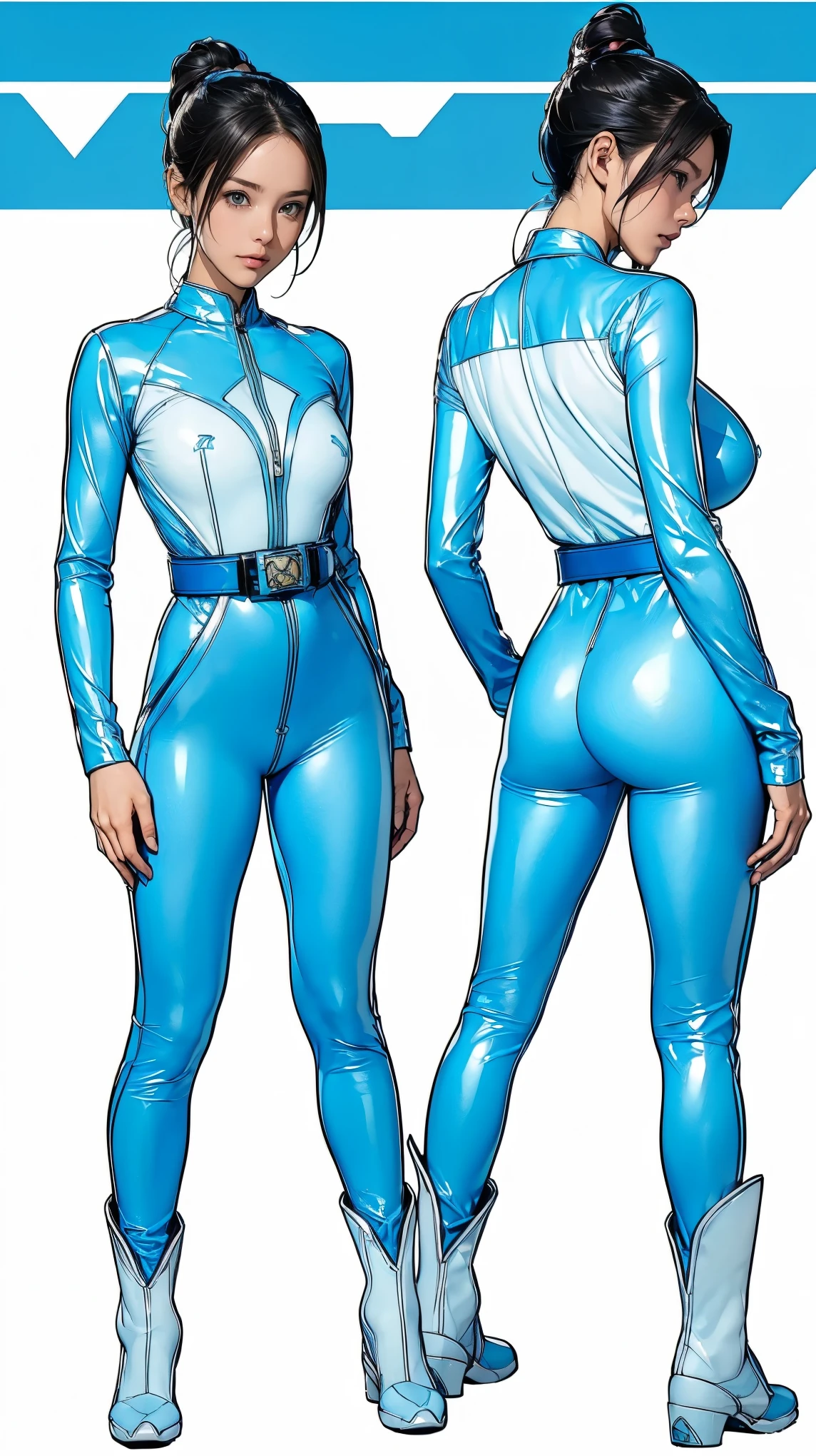 ((masterpiece)),(((highest quality))),((Reference Sheet, Character Design, front, return, ~ ~ side, Mr..々Hairstyle, Mr..々Performance, Facial Expressions)), -yeld gi Cute type, (Very slim:1.4), (Very small ass:1.4), Realistic buttocks, Big Breasts, Short Bob, Thin thighs, Long legs, ((Light Blue Enamel Power Rangers、Big Breasts、Cover all breasts at all times、Wearing a light blue leather full body suit、Large emblem on the chest、Always wear a belt with a large buckle, White suit、Truly a Sentai hero)), ((Browsing Caution:1.0))