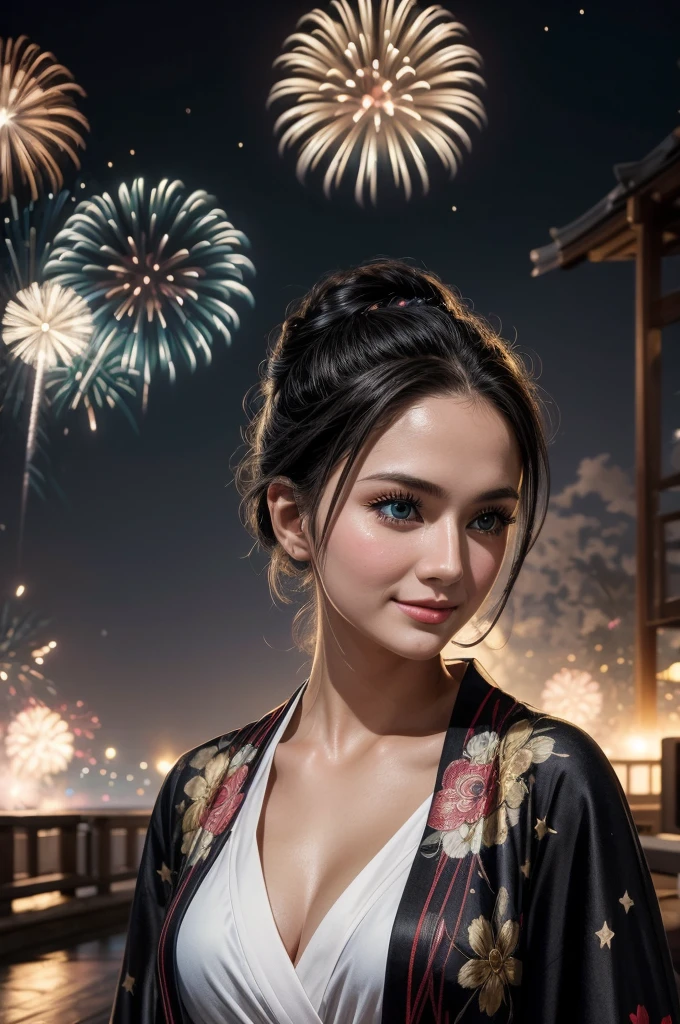 masterpiece, best quality, extremely detailed, hyperrealistic:1.1, photorealistic, a beautiful 20s russian model, ultra detailed face:1.1, white japanese yukata, black kimono cardigan, half updo, black hair, fireworks festival, detailed fireworks:1.1, fireworks burst in a multitude of vibrant hues, each explosion is intricately detailed with sparks and captivating rails, the night sky is clear and the stars twinkle in the background, medium shot, smiling