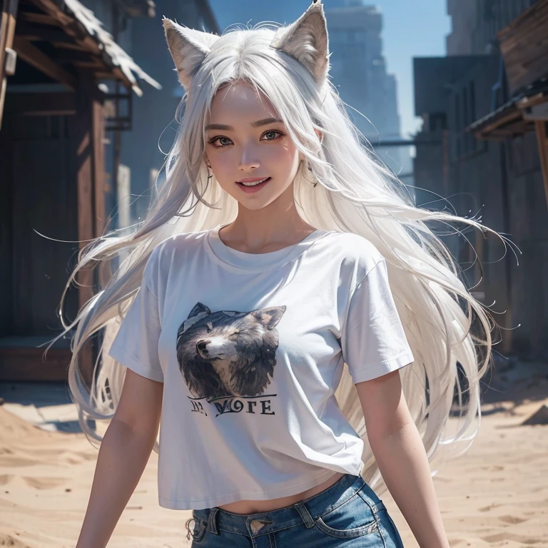 desert, Windy weather, Dancing with the Wolf-Headed Man、 ((highest quality、masterpiece、8k、Best image quality、Ultra-high resolution、Award-winning works)、(Accurate anatomy:1.1)、(Look at me and smile:1.1)、Shining fair skin with Ultra-high resolution、The most detailed face、Ultra-high resolution detailed face、Short, flowing white hair 、Beautiful face drawn in every detail,T-shirt and shorts, Modest chest , A real wolf next to a girl 