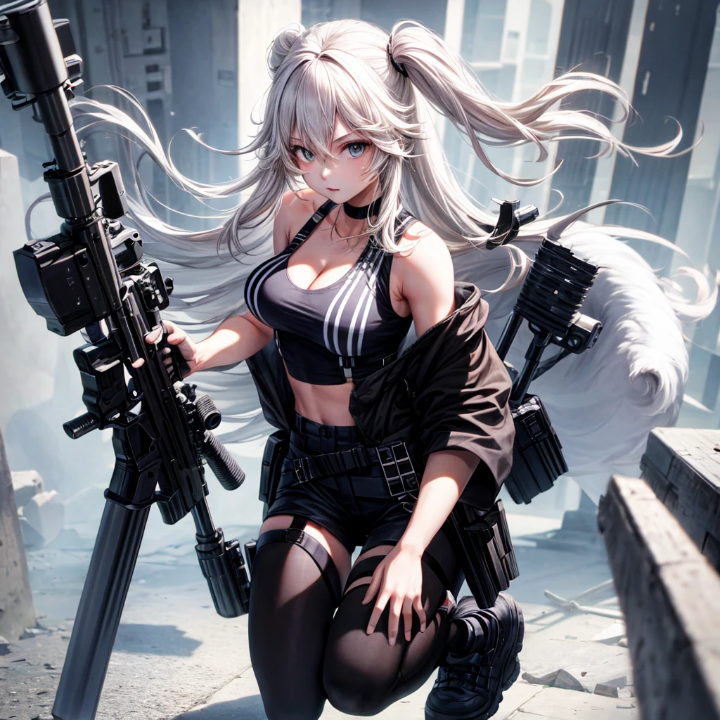 solo、full-body portraits、sleeveless、White-colored skin,Large Breasts,Sniper rifle,Magnum,Black tights,cleavage