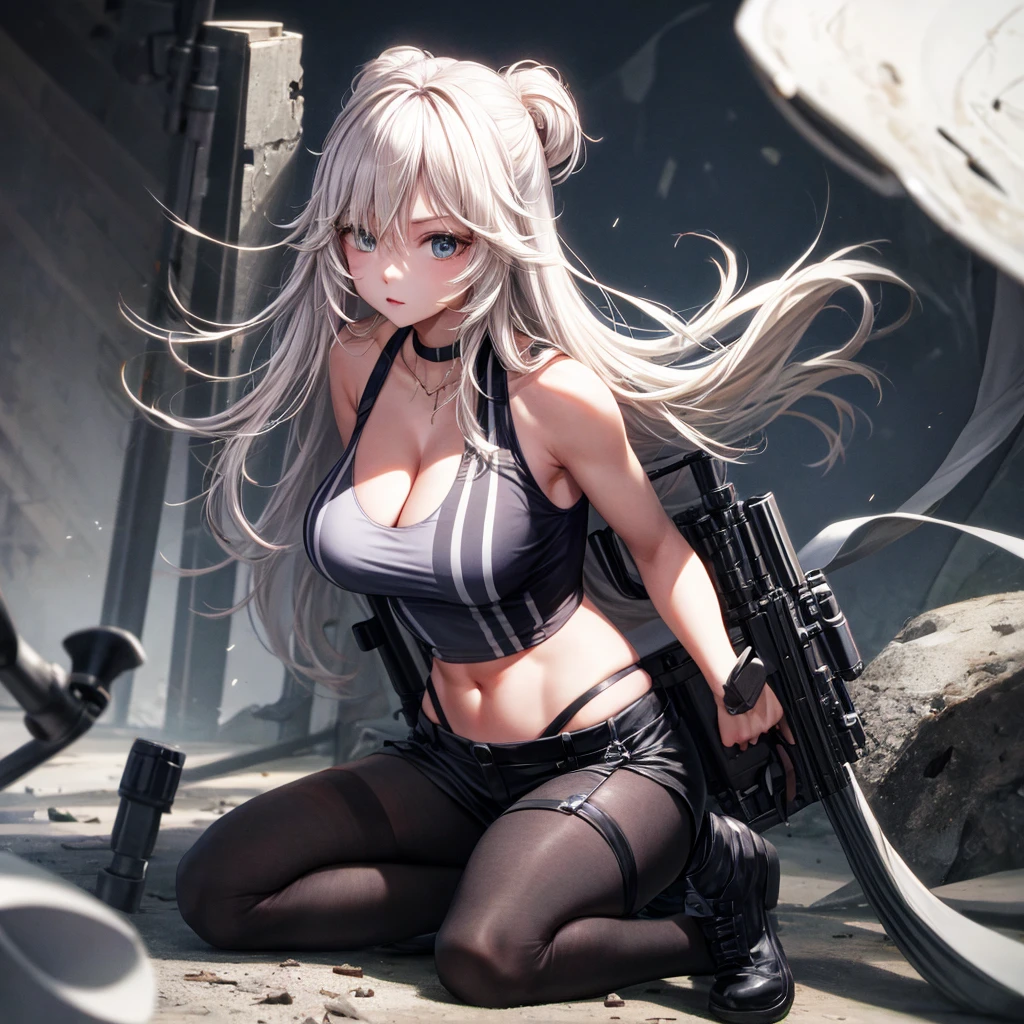 solo、full-body portraits、sleeveless、White-colored skin,Large Breasts,Sniper rifle,Magnum,Black tights,cleavage