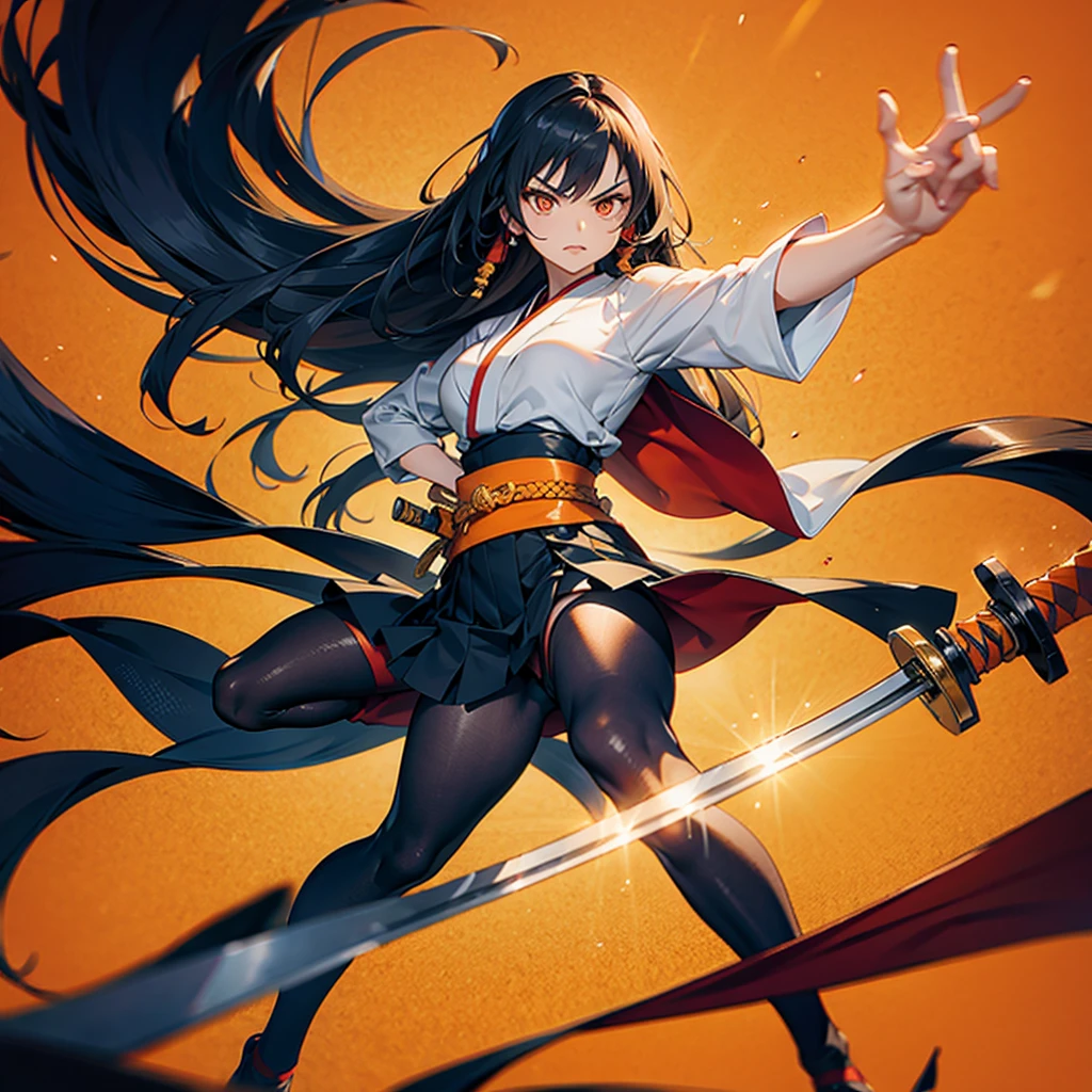 Dynamic composition、((Perspective Lens, Woman with long hair, Dynamic poses with serious and mean expressions, Two hands brandishing a large, long Japanese sword )) ((Pure Orange Background:1.2)),Anime Style、Detailed eyes、Perfect toned body shape、Looks like she's in her early 20s,Shooting in mid-motion,With her long braided hair fluttering. Her outfit is reminiscent of a butterfly,Black and yellow color palette,Be playful.,Neon color line fractal art、