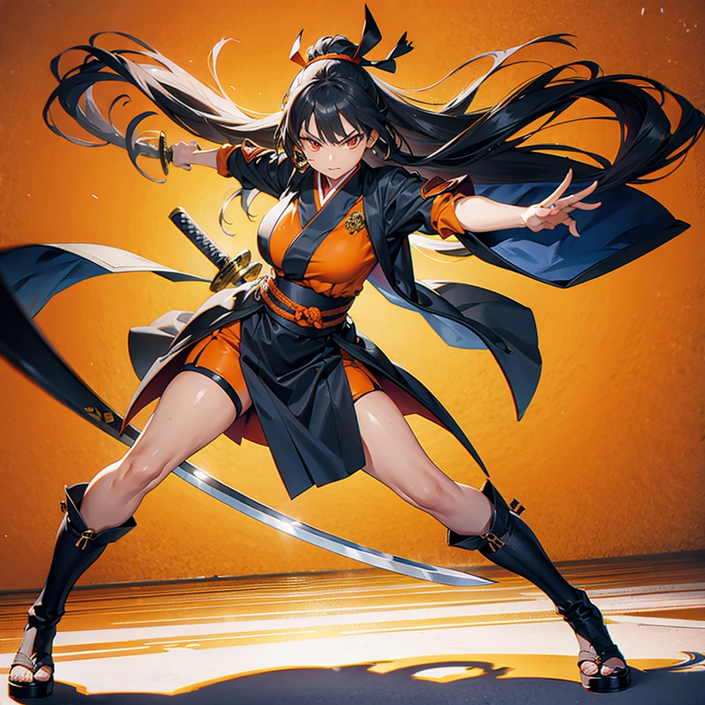 moving composition、((Perspective Lens, Woman with long hair, Dynamic poses with serious and mean expressions, Swinging something large with both hands, Long Japanese sword )) ((Pure Orange Background:1.2)),Anime Style、Detailed eyes、Perfectly toned body、she'Early 20s,Shooting on the move,sheの長い編み髪が揺れる. sheの衣装は蝶を思わせる,Black and yellow color palette,Playful.,Neon color line fractal art、