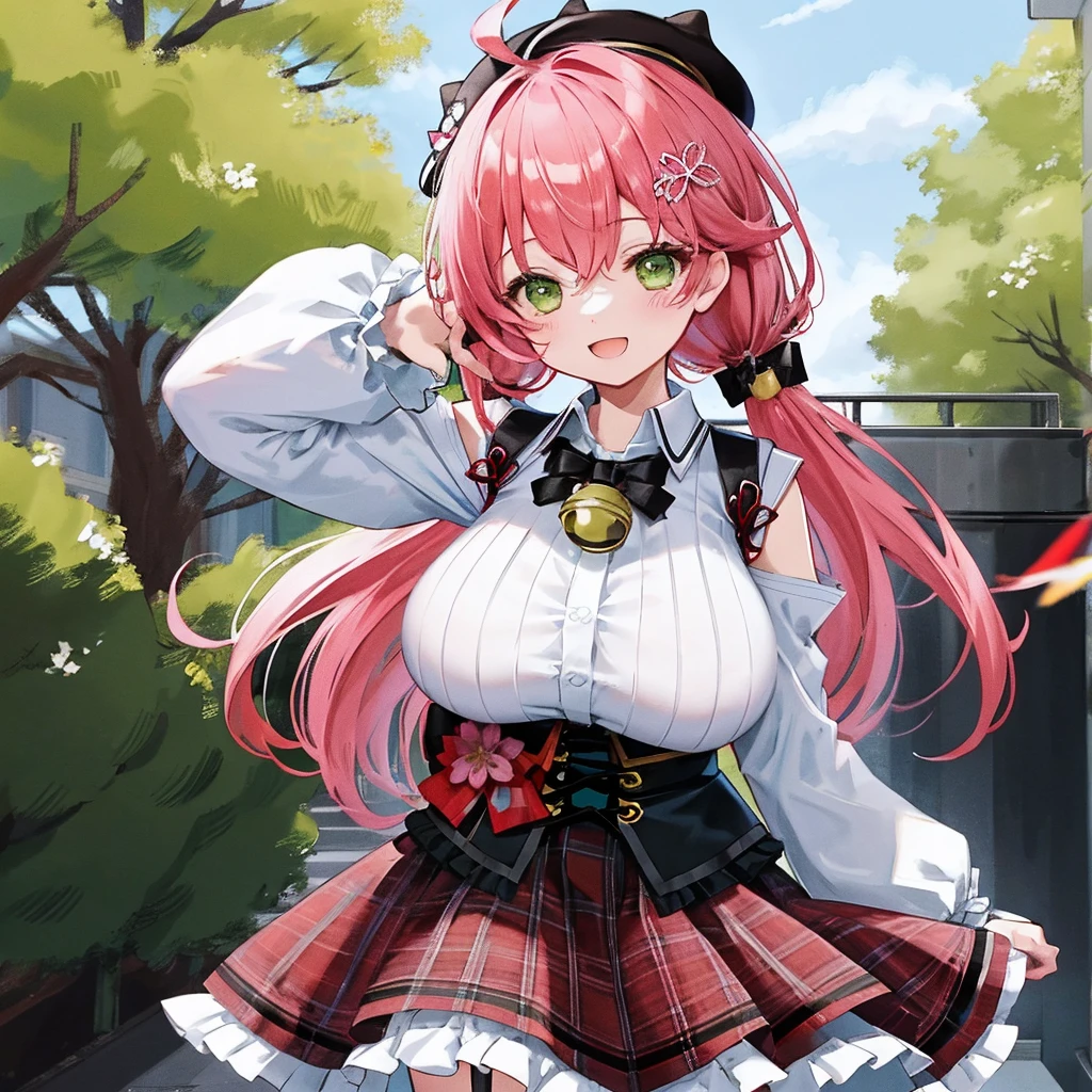 masutepiece, Best_Quality, hight_resolution, miko2,Ponytail, 1girl, Green eyes, Ahoge, black headwear, Hair Ornament, White shirt, black thighhighs, Pink hair, Red_skirt, very_short_skirt, plaid skirts, garter_strap, Collared shirt, hair clips, frilld, Bangs, hair between eye, frills skirt, beret, Pleated skirt, Hair Flower, Neck bell, , puffy long sleeves, Black bow, Underbust, Cowboy Shot,Smile, (gigantic_breasts:1.3),covered_nipples, covered_pussy,close_eyes, happy, childlike_posing,spread_legs,smile,cherryblossom_background,