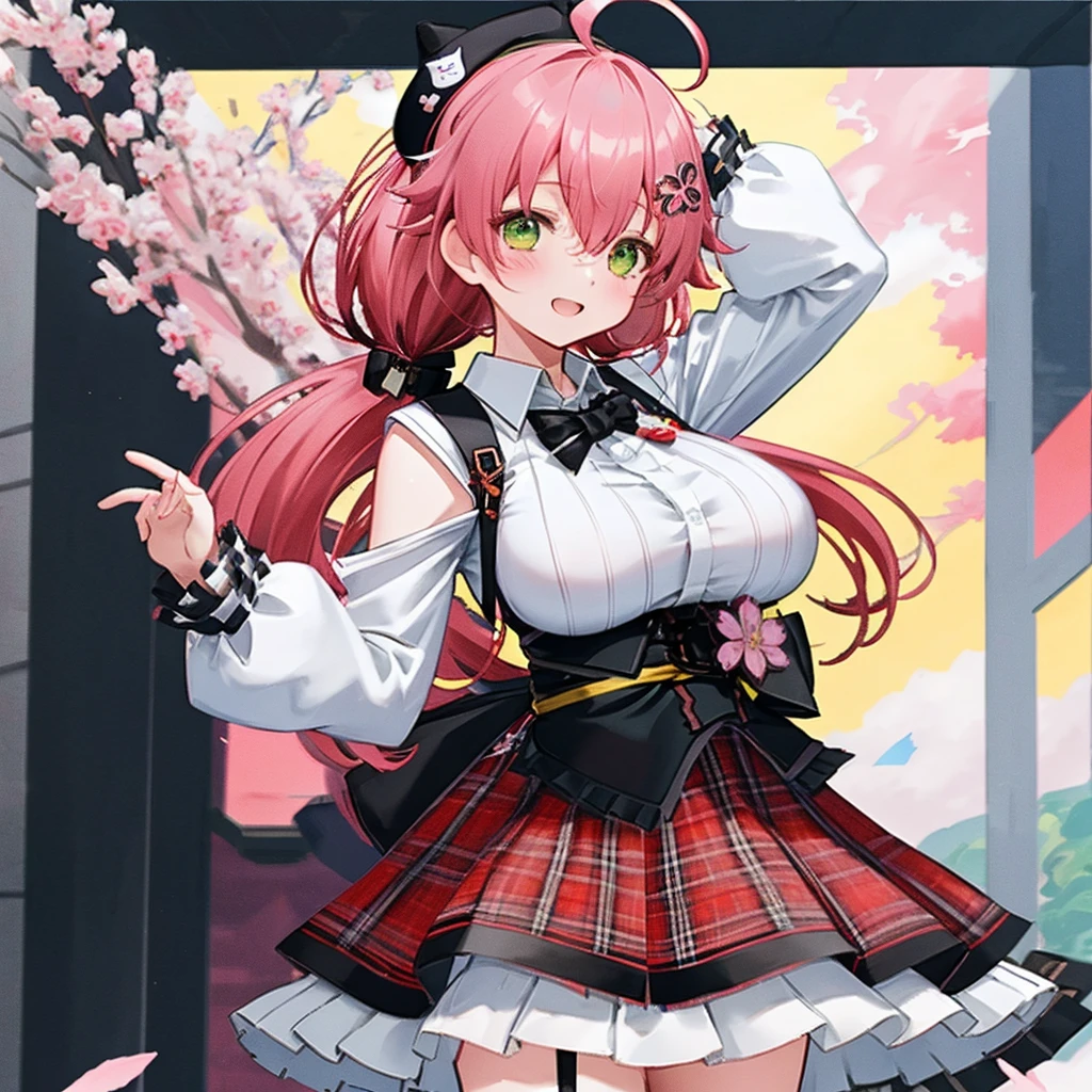 masutepiece, Best_Quality, hight_resolution, miko2,Ponytail, 1girl, Green eyes, Ahoge, black headwear, Hair Ornament, White shirt, black thighhighs, Pink hair, Red_skirt, very_short_skirt, plaid skirts, garter_strap, Collared shirt, hair clips, frilld, Bangs, hair between eye, frills skirt, beret, Pleated skirt, Hair Flower, Neck bell, , puffy long sleeves, Black bow, Underbust, Cowboy Shot,Smile, (gigantic_breasts:1.3),covered_nipples, covered_pussy,close_eyes, happy, childlike_posing,spread_legs,smile,cherryblossom_background,