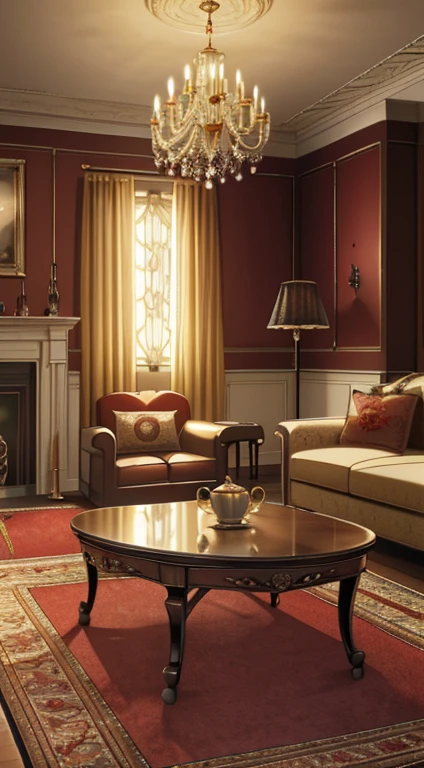 (tmasterpiece, high resolution, ultra - detailed:1.0), (sofe, tea table, Living room,Curtains, hanging lamp, decorations, carpets, fireplace), color difference, Depth of field, dramatic shadow, Ray tracing, Best quality, Cinematic lighting, detailed CG,Unity 8k wallpaper,offcial art