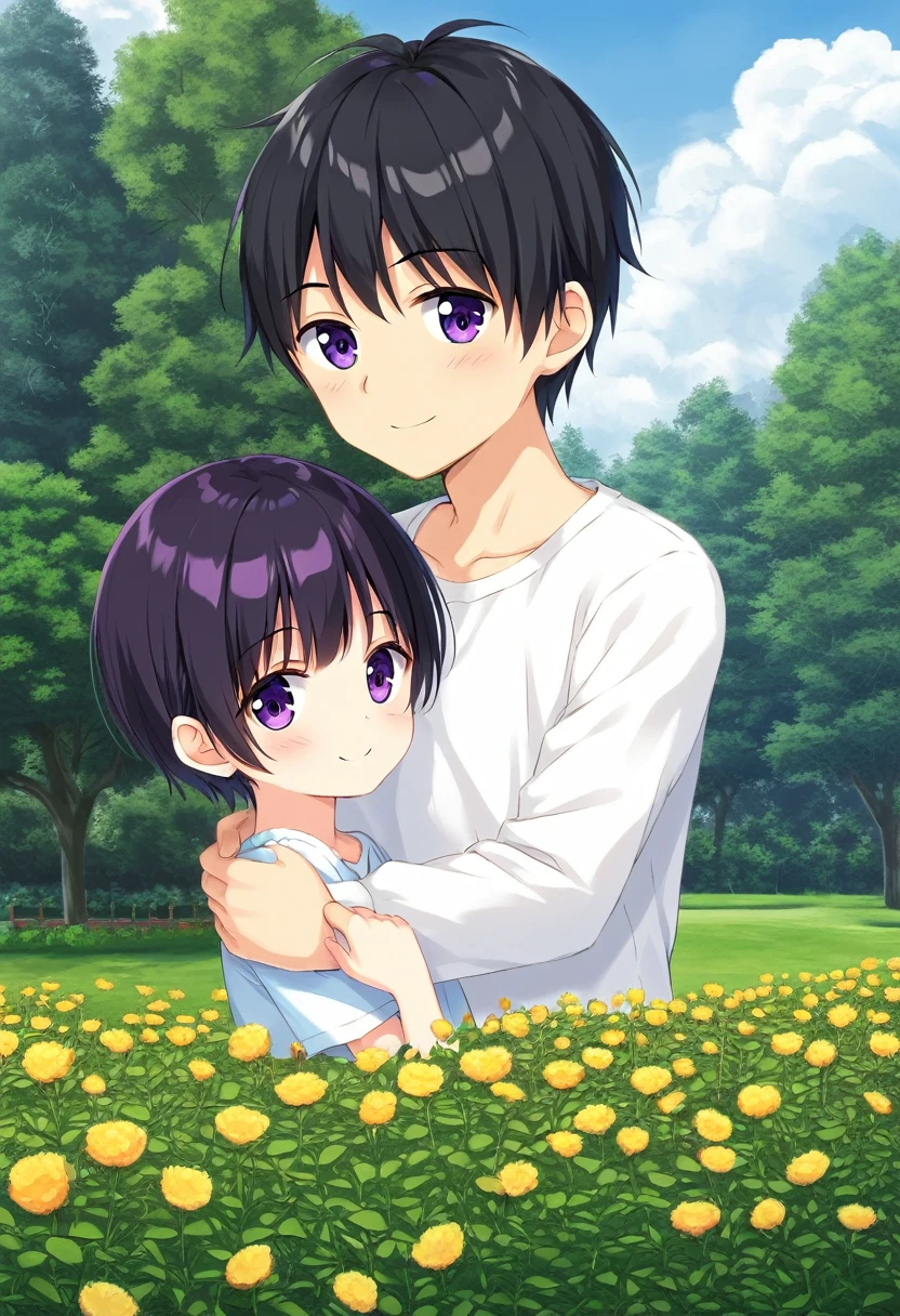  Masterpiece, best quality, ultra high quality, highres, wallpaper 8k, One child is 10 years old, solo, purple_eyes, short_hair, black_hair, One adult male aged 40 years, black hair, Two men and women standing, garden background, A father holding his child,