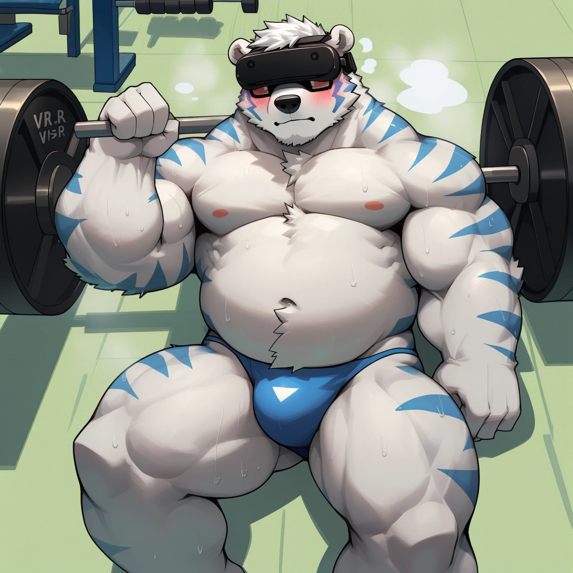 masterpiece, best quality, 8k resolution, Very detailed, hairy，(((polar bear))，(((Mature)))，(((Strong)))，(((White hair all over body)))，portrait，(((White hair)))，(((body blue stripes)))，(((Gym)))，For the audience，(((Holding a barbell)))，Highest quality scene，Solitary，solitary，(((whole body)))，(((Sweating)))，(((Lying)))，(((thong)))，(((Shirtless)))，((Fat-enclosed muscle))，(((Shameful)))，((Blushing))，(((Round face)))，(((alone)))，((VR glasses))，(((Strong body)))，(((Hip bulge)))