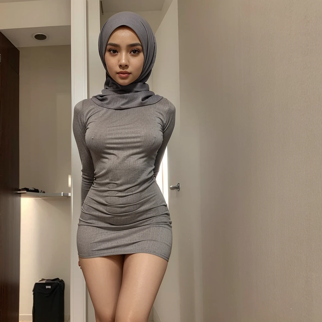 Perfect beautiful Malay girl in hijab, perfect eyes, detail eyes, perfect lips, detail lips, wear tight dress, sexy dress, perfect slim fit body, wear mini skirt, open legs